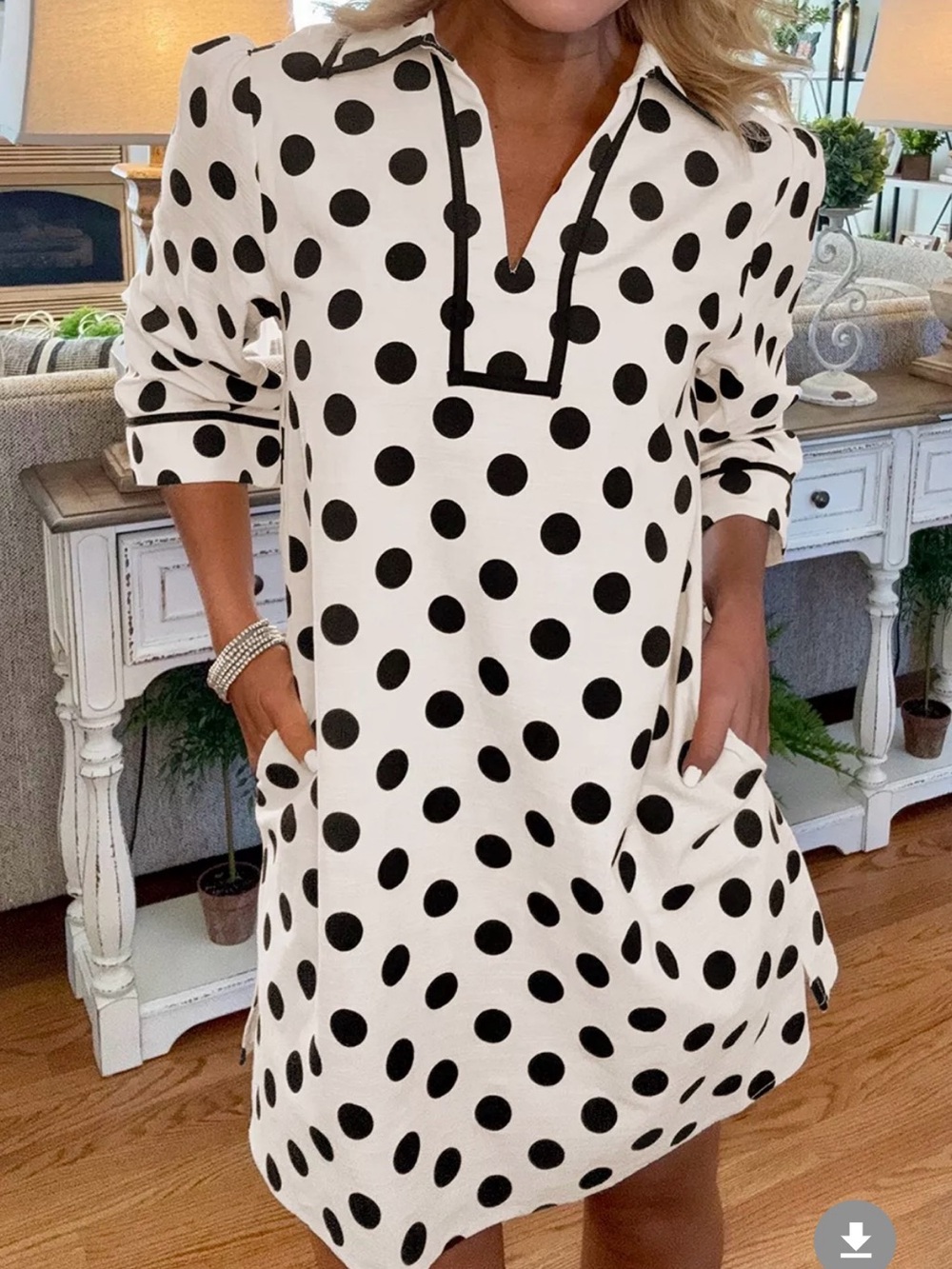 Polka Dot V-Neck Shift Dress in Black and White